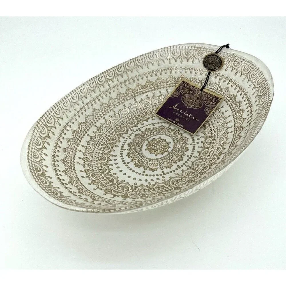 Artistic Accents White Glass Oval Serving Bowl Gold Lace Print Handmade NWT